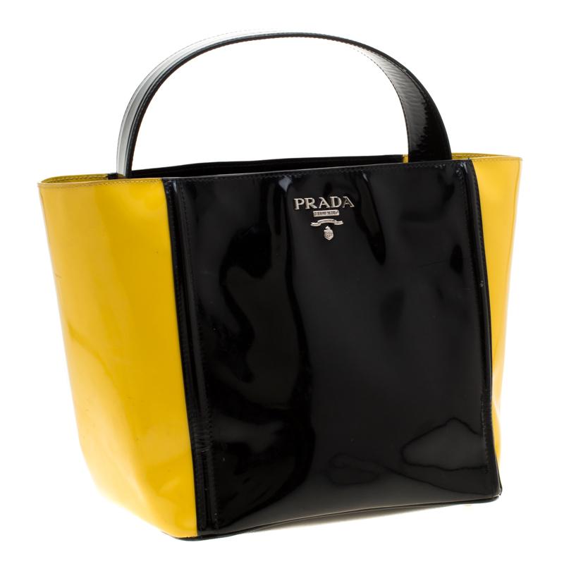 Women's Prada Black/Yellow Patent Leather Top Handle Bag