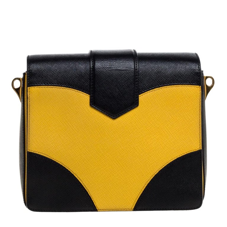Prada Black/Yellow Saffiano Leather Turn-Lock Shoulder Bag at 1stDibs