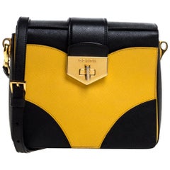 Prada Black/Yellow Saffiano Leather Turn-Lock Shoulder Bag