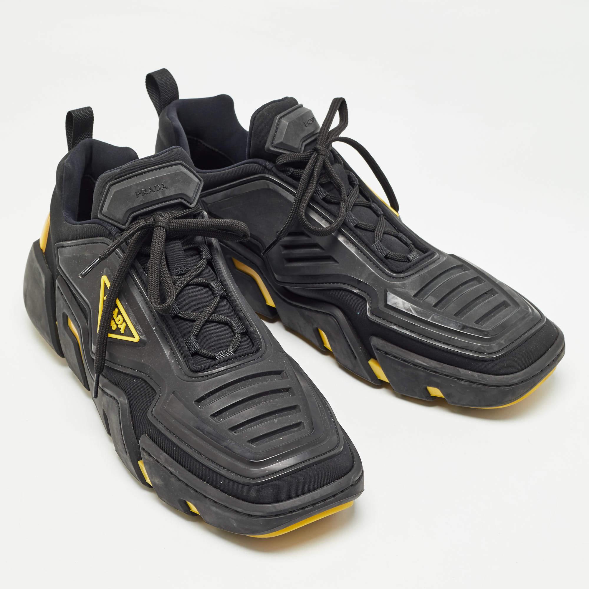 Men's Prada Black/Yellow Techno Fabric and Rubber Low Top Sneakers Size 45
