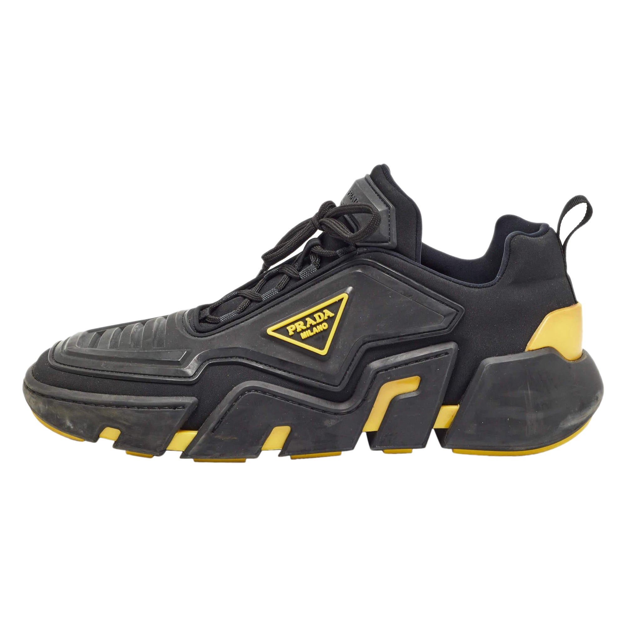 Prada Black/Yellow Techno Fabric and Rubber Low Top Sneakers Size 45