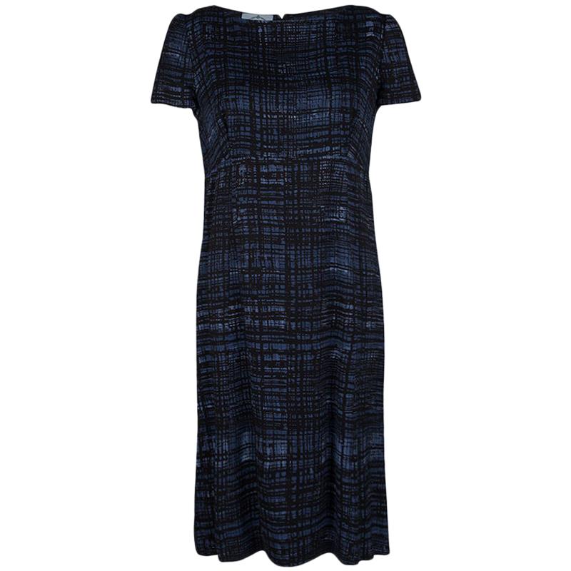 Prada Blue and Black Printed Short Sleeve Sheath Dress M