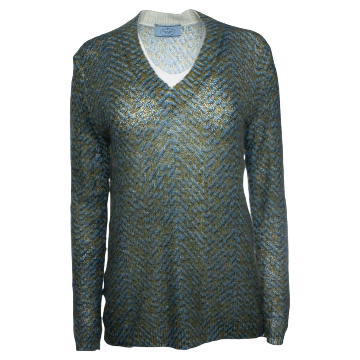 Prada, blue and green printed v neck sweater