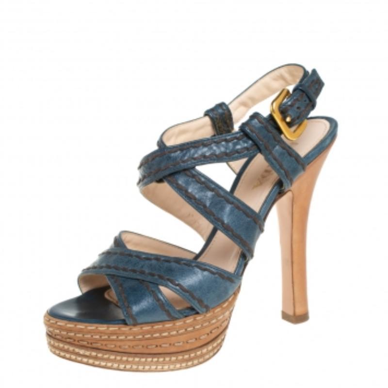 Beige Prada Blue And Tan Leather Stitch Detail Cross Strap Platform Sandals Size 36 For Sale