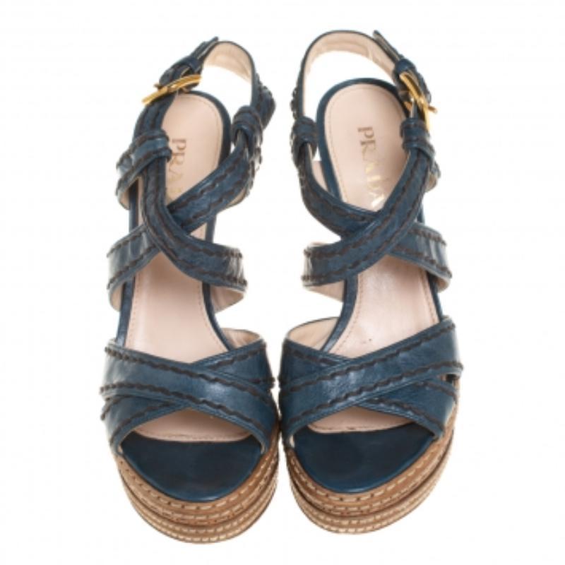 Women's Prada Blue And Tan Leather Stitch Detail Cross Strap Platform Sandals Size 36 For Sale