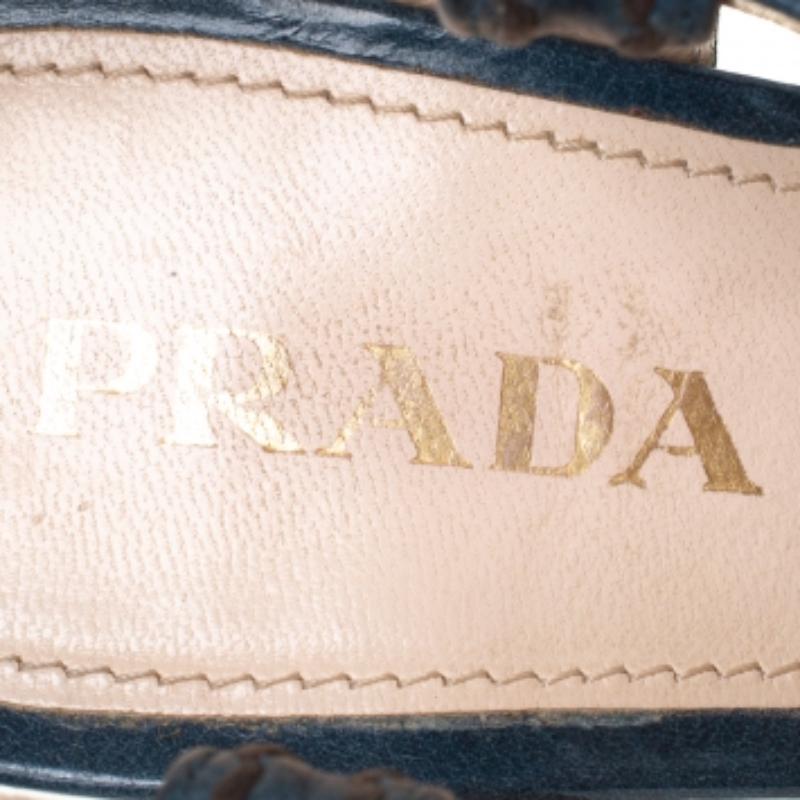 Prada Blue And Tan Leather Stitch Detail Cross Strap Platform Sandals Size 36 For Sale 1