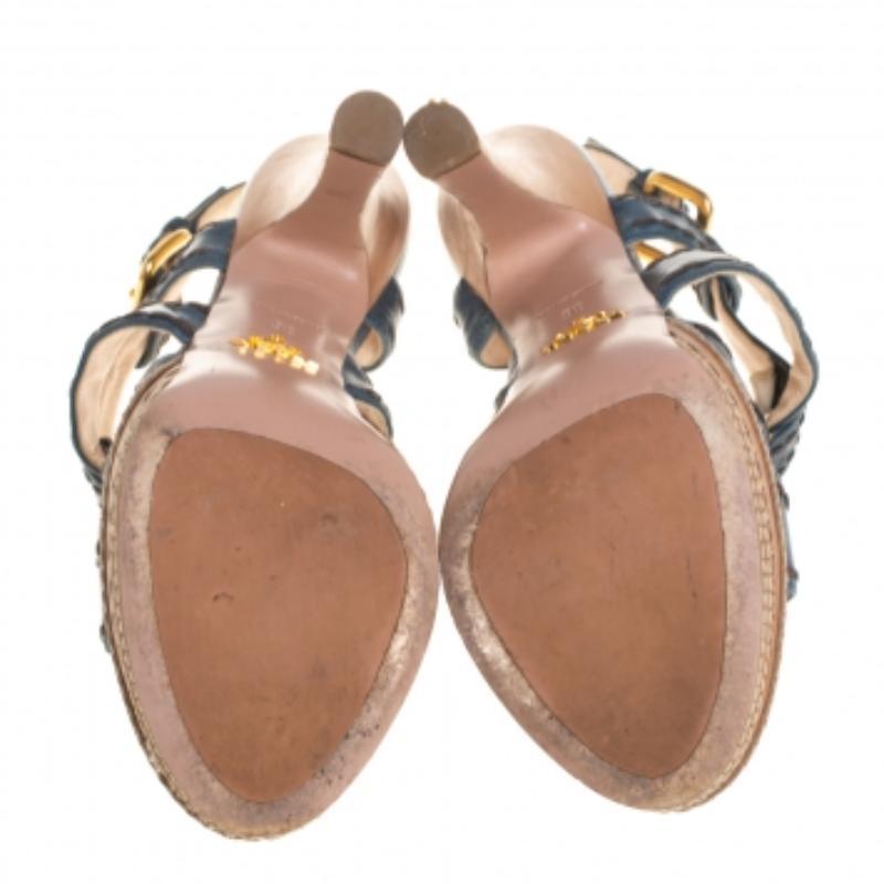 Prada Blue And Tan Leather Stitch Detail Cross Strap Platform Sandals Size 36 For Sale 2