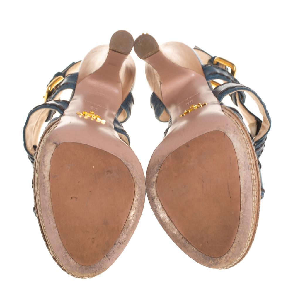 Prada Blue And Tan Leather Stitch Detail Cross Strap Platform Sandals Size 36 In Good Condition For Sale In Dubai, Al Qouz 2