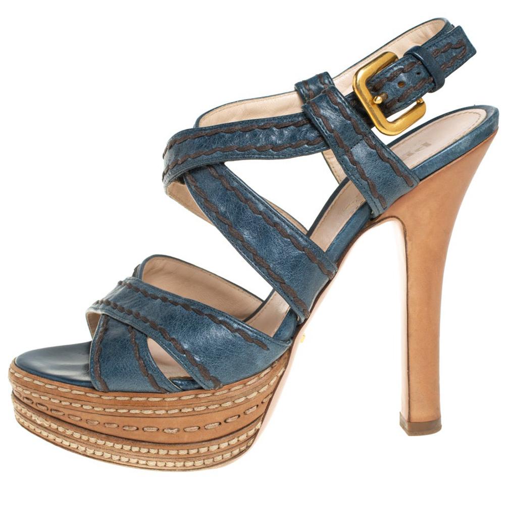 Prada Blue And Tan Leather Stitch Detail Cross Strap Platform Sandals Size 36 For Sale