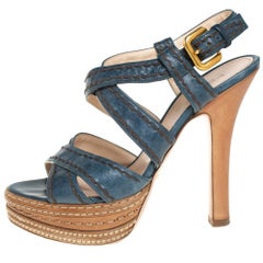 Used Prada Blue And Tan Leather Stitch Detail Cross Strap Platform Sandals Size 36