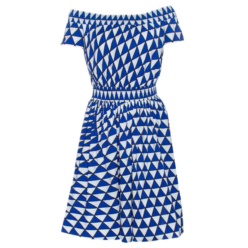 Prada Blue and White Geometric Printed Cotton Off Shoulder Dress M