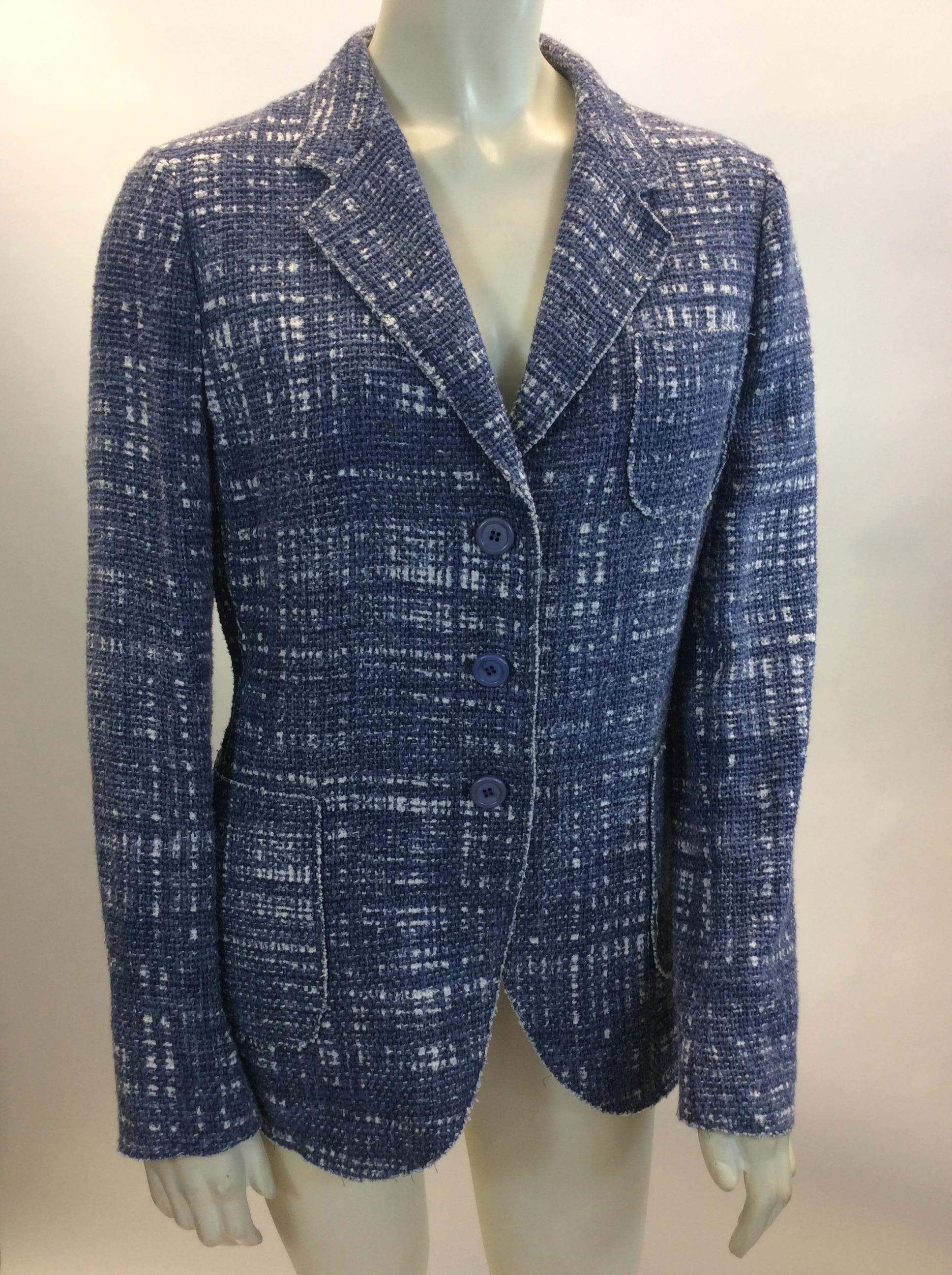 Prada Blue and White Tweed Jacket
$399
Made in Romania
60% Cotton, 34% Linen, 6% Viscose
Size 46
Length 27