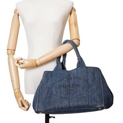 Prada Blue Avio Denim Jeans Canapa Tote Handbag Logo Print
