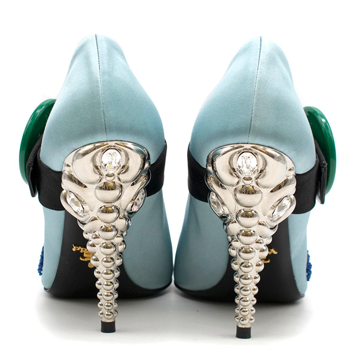 Black Prada Blue Bead & Button Embellished Satin Pumps SIZE 35.5