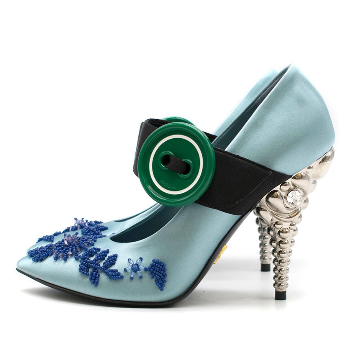 Prada Blue Bead & Button Embellished Satin Pumps SIZE 35.5 In Excellent Condition In London, GB