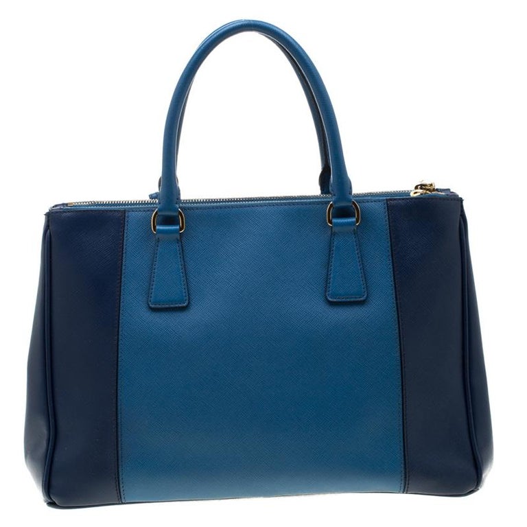 Prada Blue Bicolor Saffiano Lux Leather Medium Double Zip Tote For Sale ...