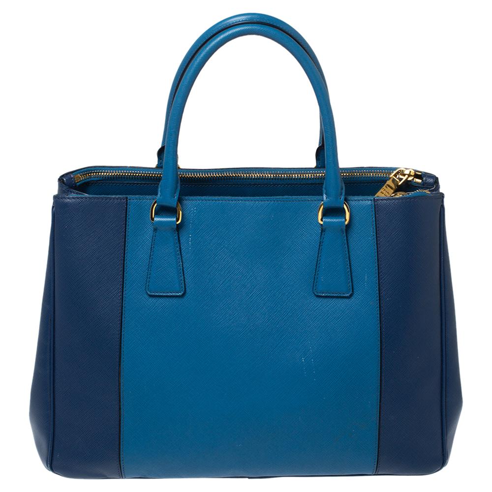 Prada Blue Bicolor Saffiano Lux Leather Medium Galleria Double Zip Tote ...