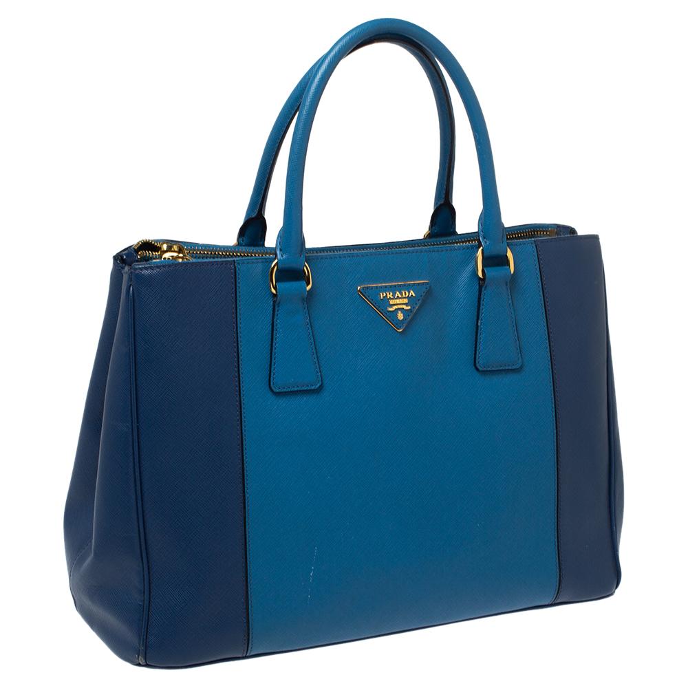 Prada Blau Bicolor Saffiano Lux Leder Medium Galleria Double Zip Tote Damen