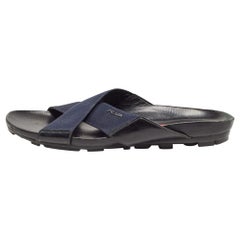 Prada Blue/Black Leather And Canvas Criss Cross Flat Slide Size 43.5