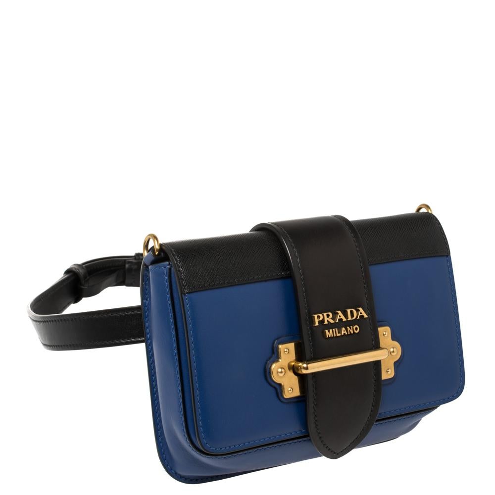 Prada Blue/Black Leather Cahier Belt Bag In Good Condition In Dubai, Al Qouz 2