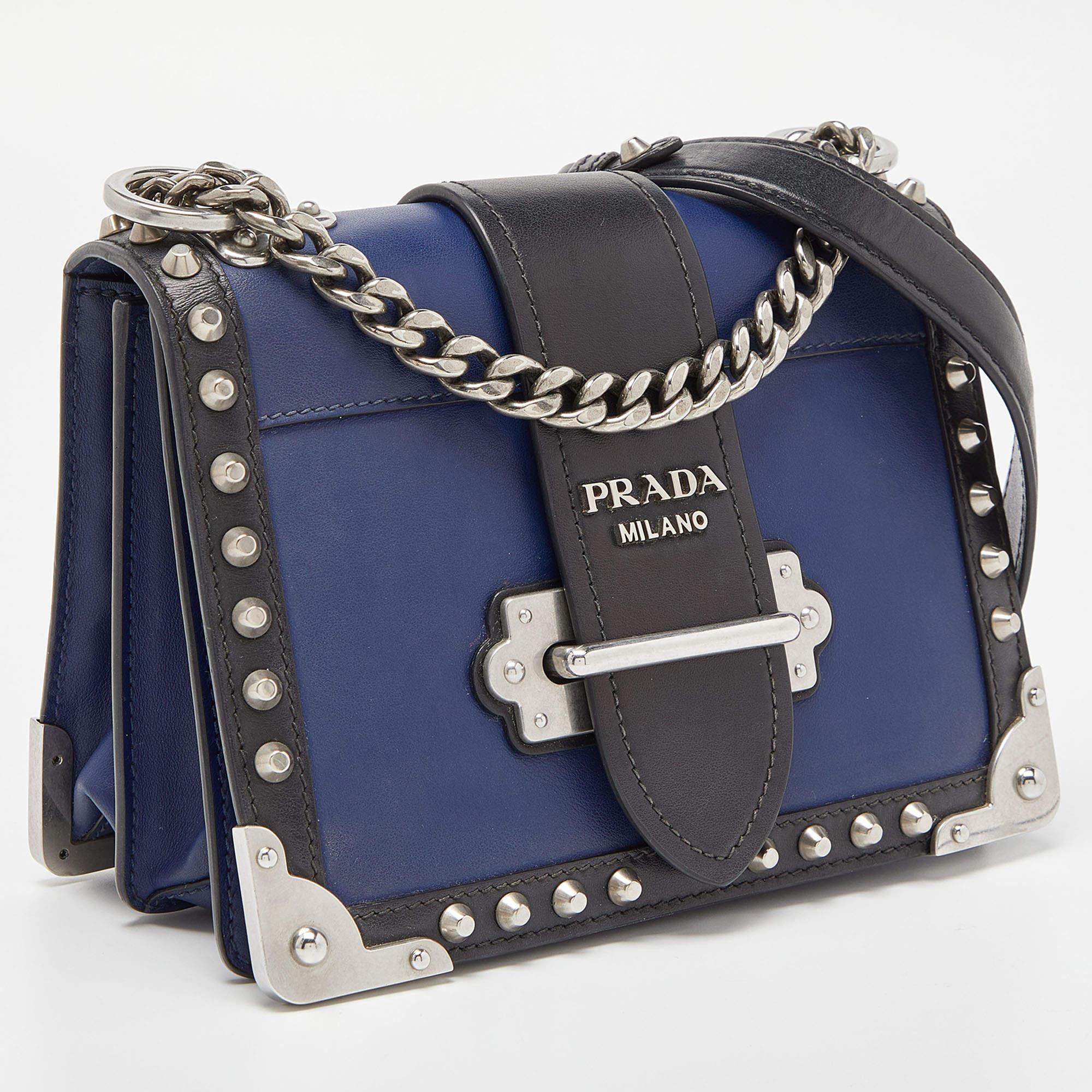 Prada Blue/Black Leather Cahier Studded Shoulder Bag In Good Condition In Dubai, Al Qouz 2