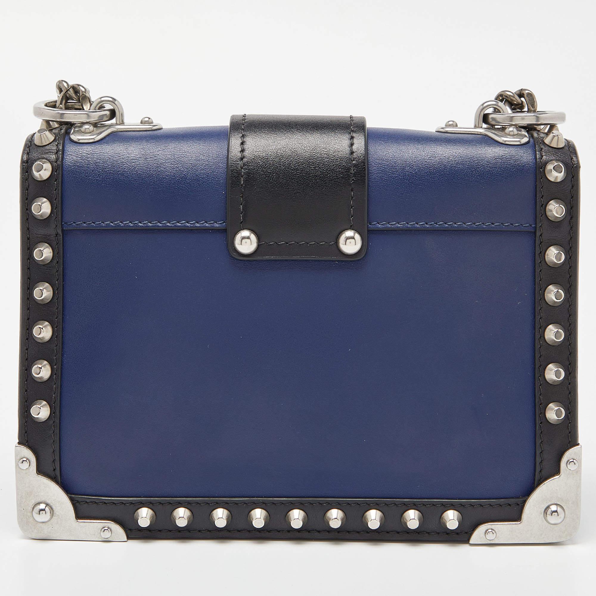 Women's Prada Blue/Black Leather Cahier Studded Shoulder Bag