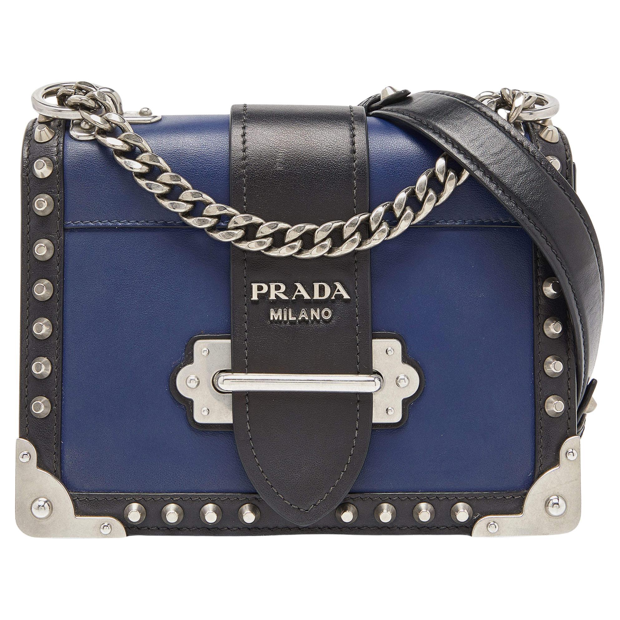 Prada Blue/Black Leather Cahier Studded Shoulder Bag