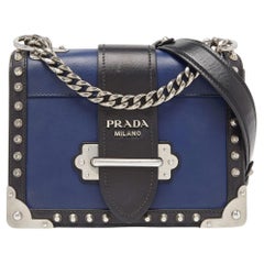 Prada Blue/Black Leather Cahier Studded Shoulder Bag