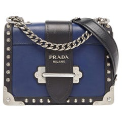 Prada Blue/Black Leather Cahier Studded Shoulder Bag