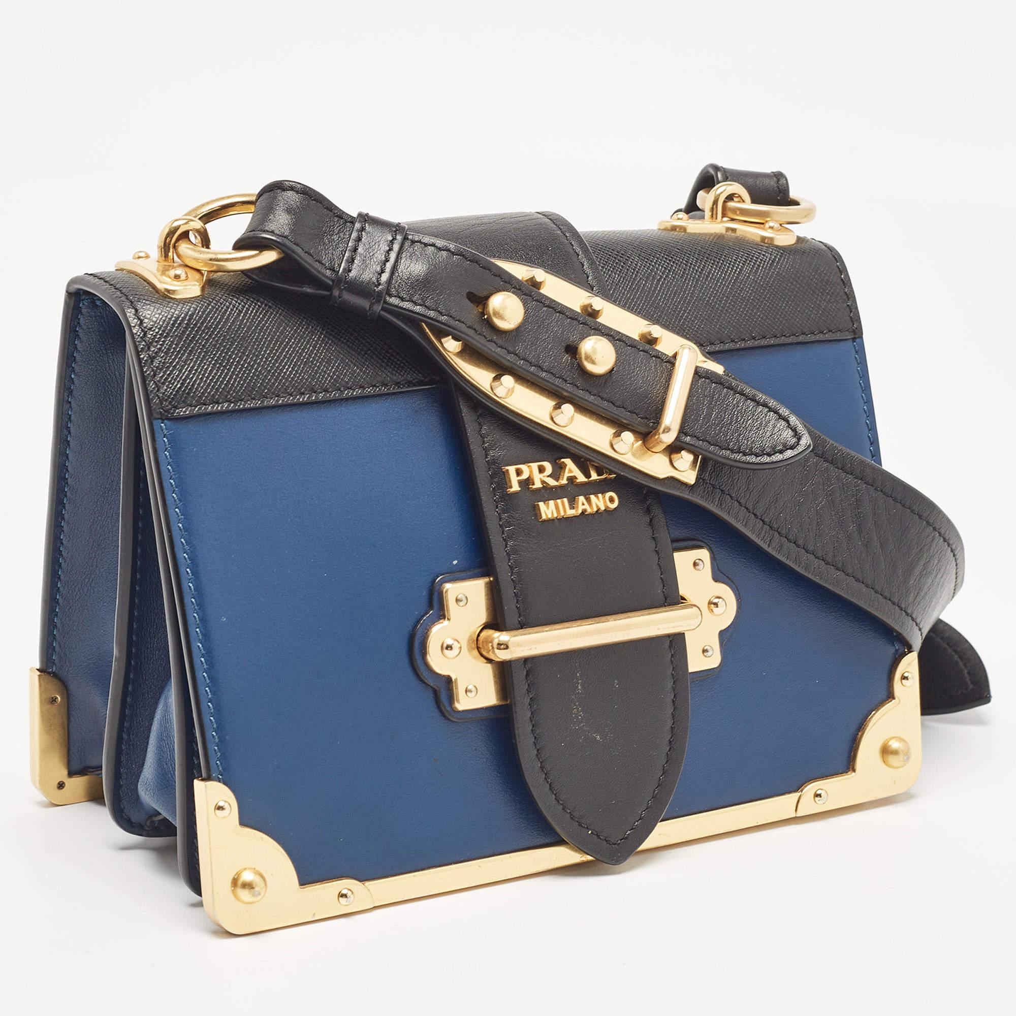 Gray Prada Blue/Black Saffiano Leather Cahier Flap Shoulder Bag