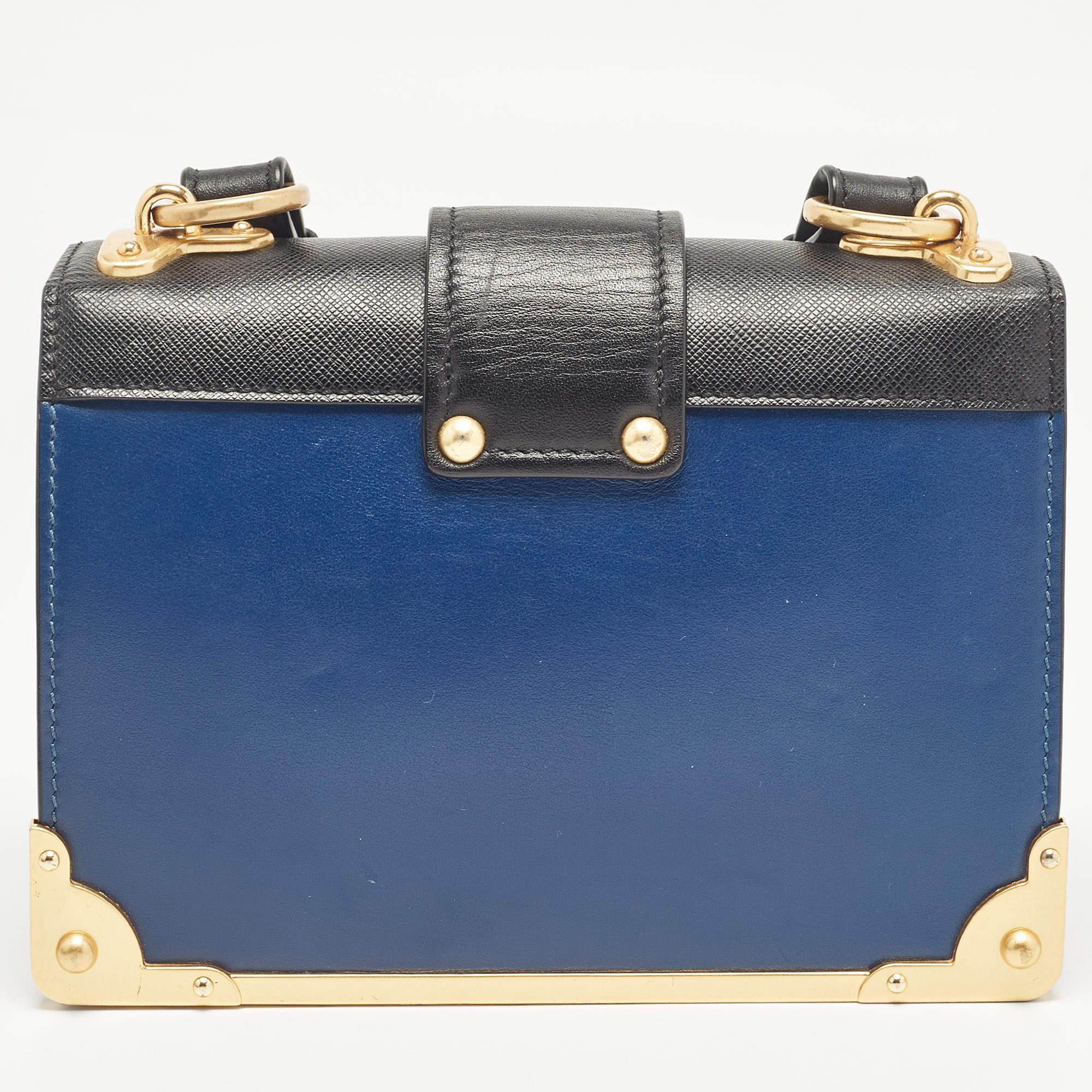 Prada Blue/Black Saffiano Leather Cahier Flap Shoulder Bag In Good Condition In Dubai, Al Qouz 2
