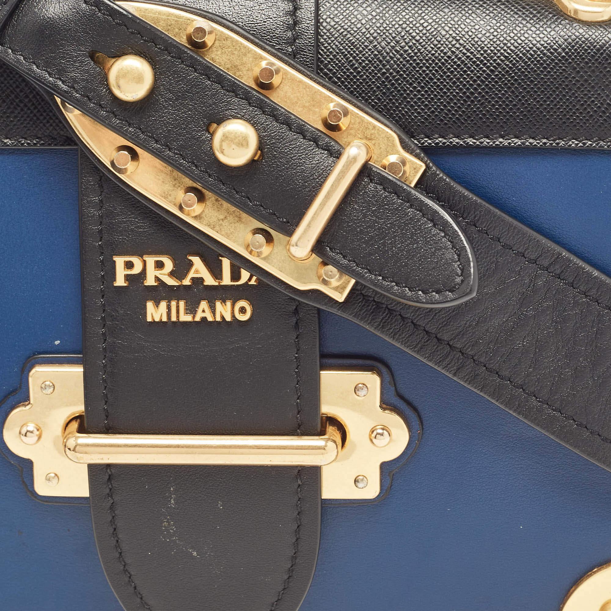 Women's Prada Blue/Black Saffiano Leather Cahier Flap Shoulder Bag