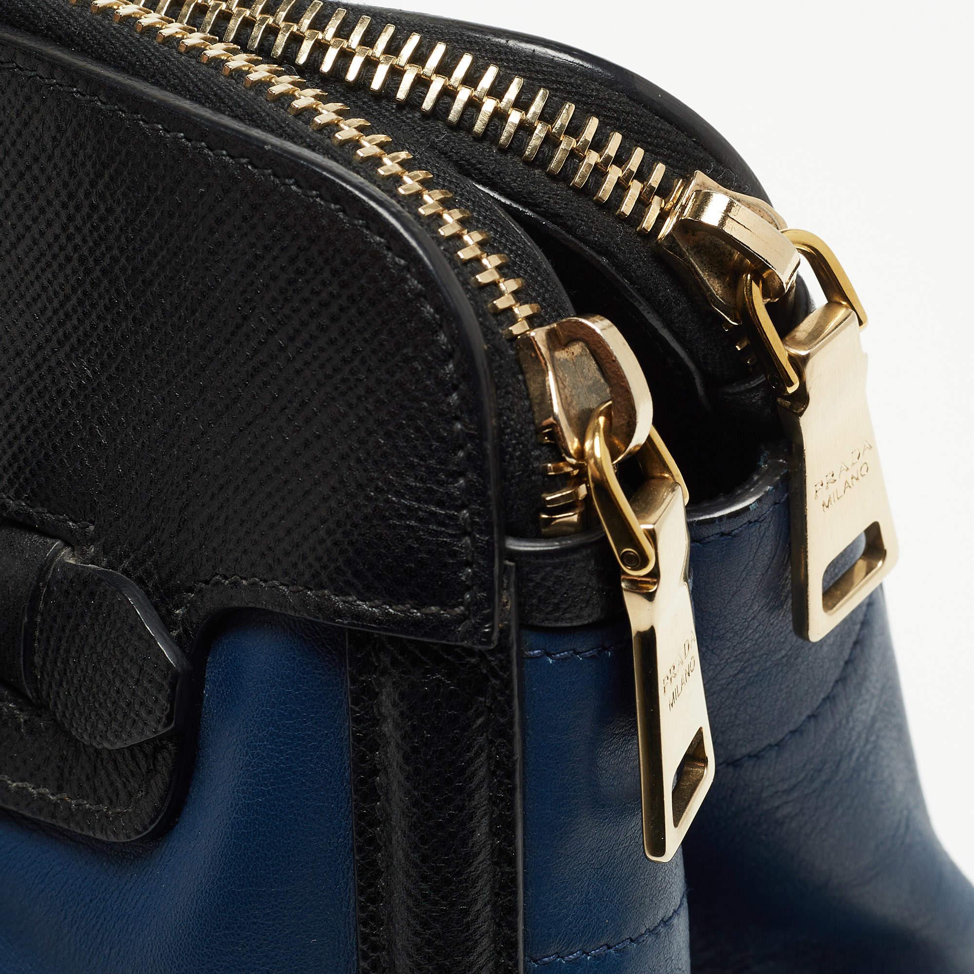 Prada Blue/Black Saffiano Leather Double Zip Satchel 12