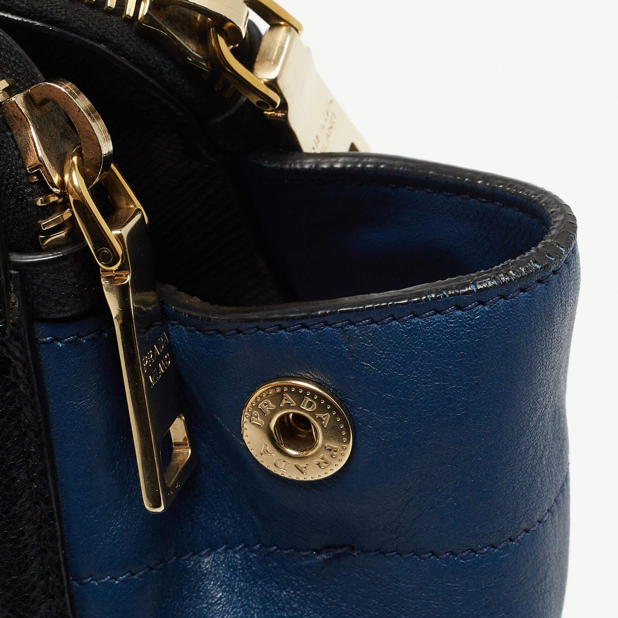 Prada Blue/Black Saffiano Leather Double Zip Satchel 16