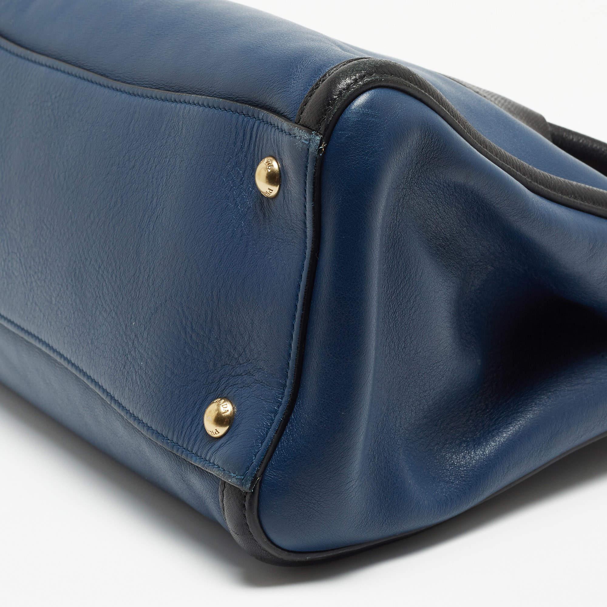 Prada Blue/Black Saffiano Leather Double Zip Satchel 4
