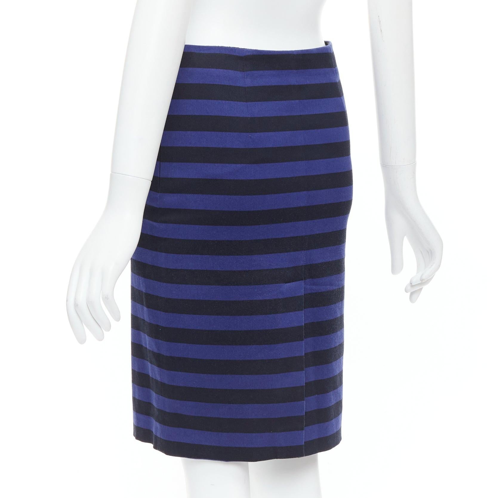 PRADA jupe crayon à rayures bleues et noires, fendue dans le dos, avec pinces à la taille IT38 S en vente 1