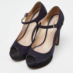 Prada Blue/Black Suede Platform Ankle Strap Sandals Size 39.5