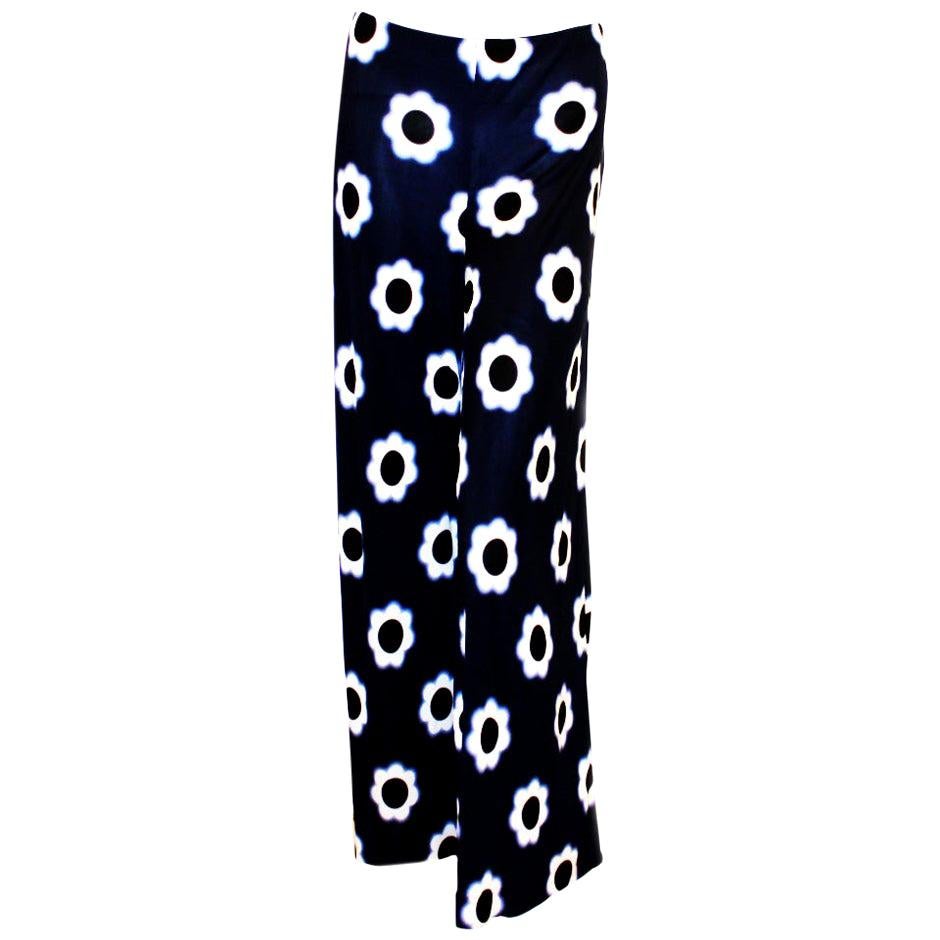 Prada Blue, Black 
White Abstract Floral Silk Palazzo Pants 44