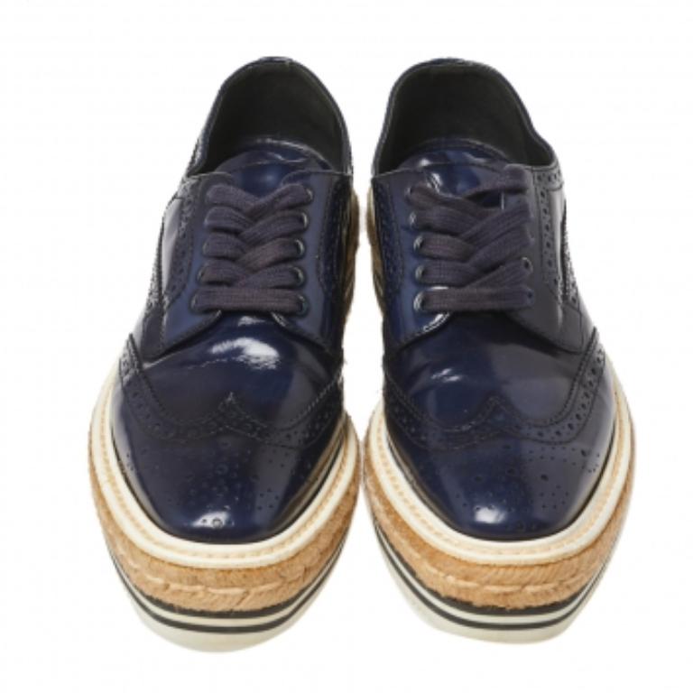 Black Prada Blue Brogue Leather Derby Lace Up Espadrille Sneakers Size 35.5 For Sale