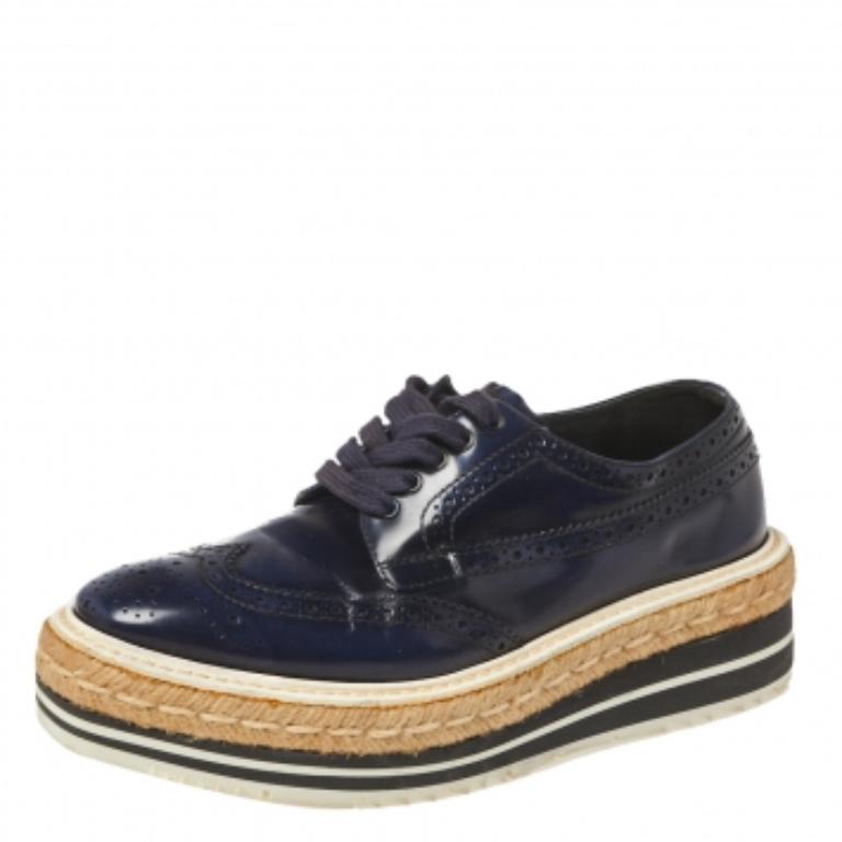 Women's Prada Blue Brogue Leather Derby Lace Up Espadrille Sneakers Size 35.5 For Sale