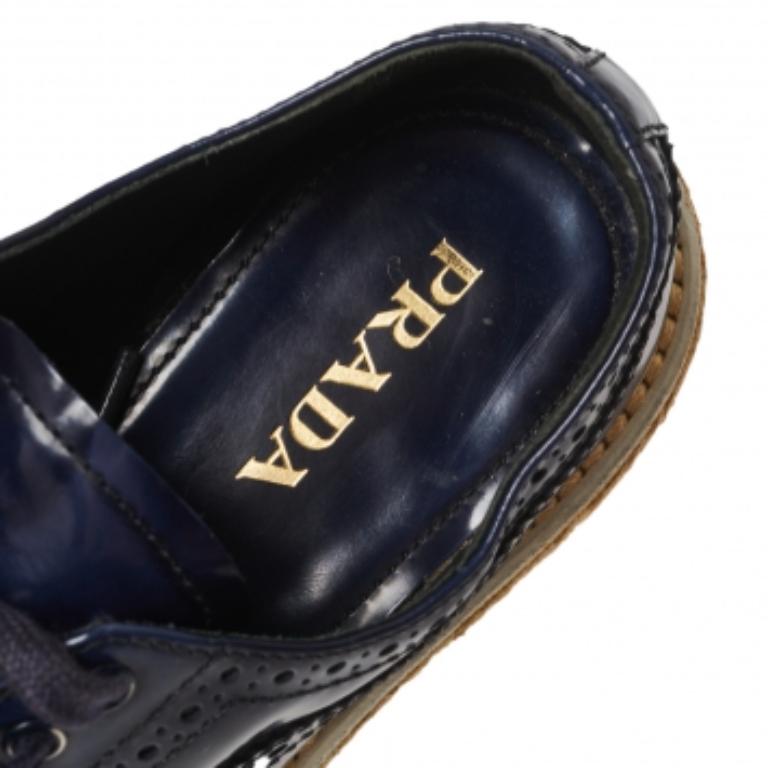 Prada Blue Brogue Leather Derby Lace Up Espadrille Sneakers Size 35.5 For Sale 1