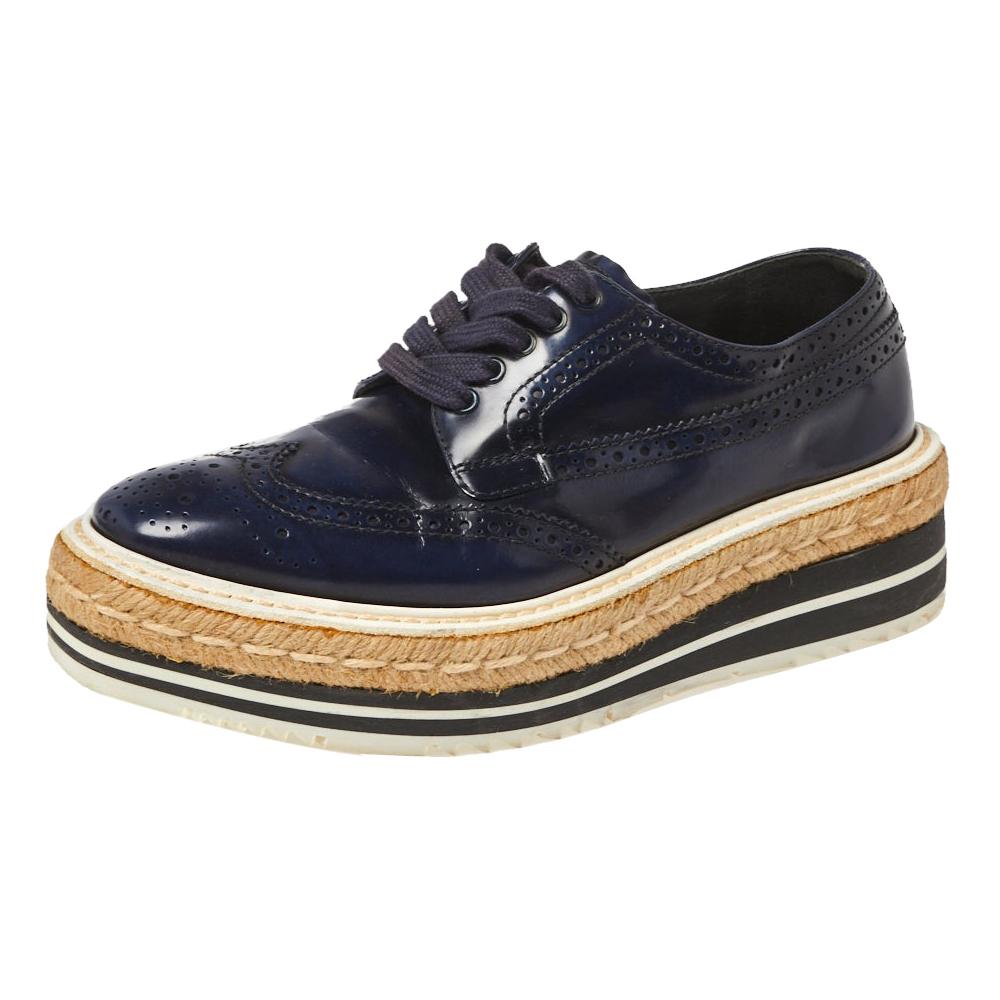 Prada Blue Brogue Leather Derby Lace Up Espadrille Sneakers Size 35.5 For Sale