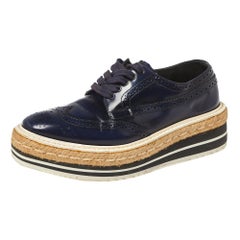 Used Prada Blue Brogue Leather Derby Lace Up Espadrille Sneakers Size 35.5