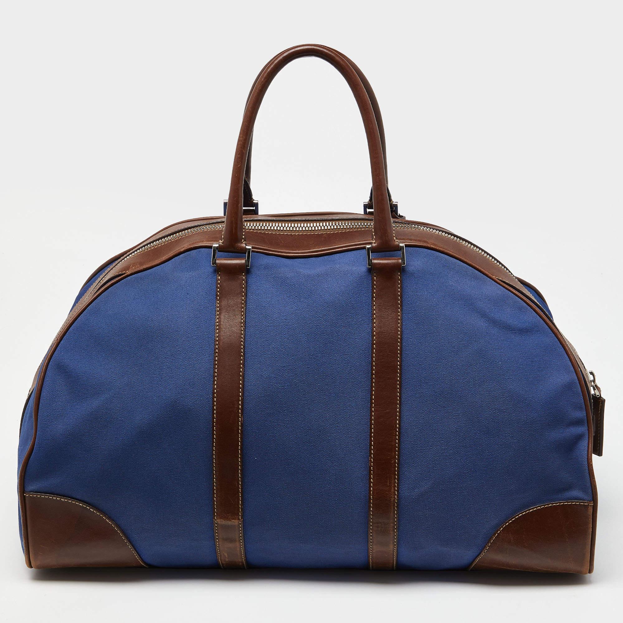 Prada Blau/Braune Weekender-Tasche aus Segeltuch und Leder 2
