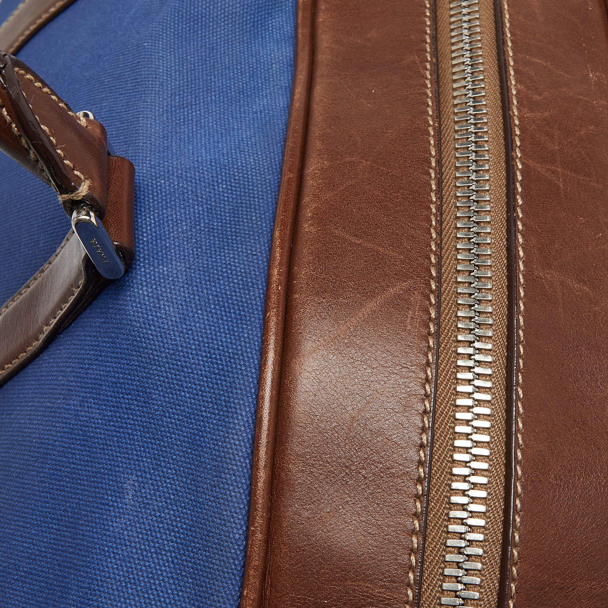 Prada Blau/Braune Weekender-Tasche aus Segeltuch und Leder 4