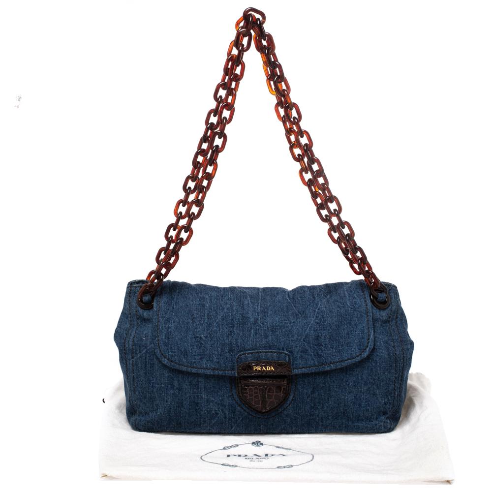 Prada Blue/Brown Denim Flap Chain Shoulder Bag 4