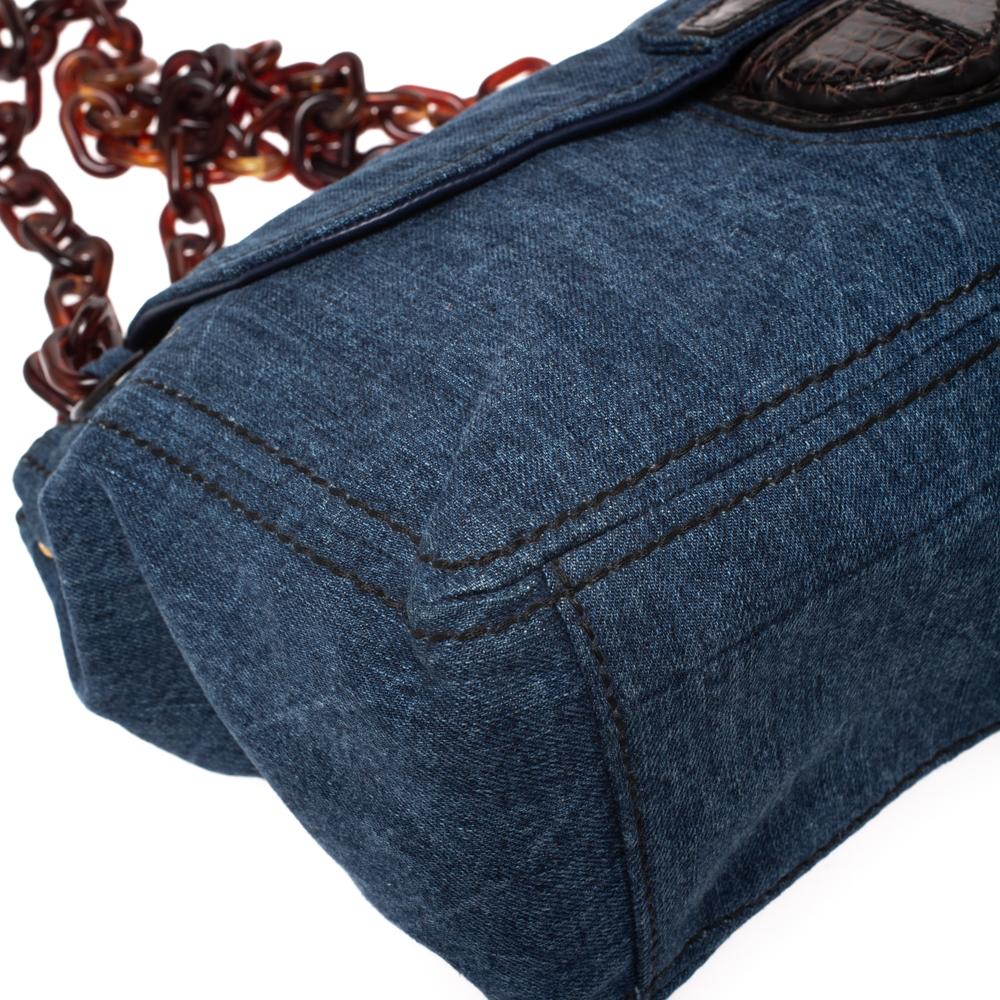 Prada Blue/Brown Denim Flap Chain Shoulder Bag In Good Condition In Dubai, Al Qouz 2