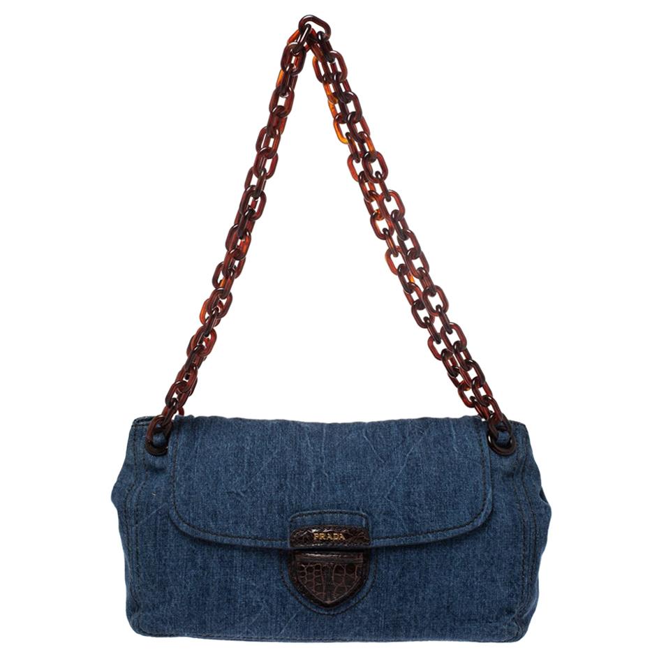 Prada Blue/Brown Denim Flap Chain Shoulder Bag