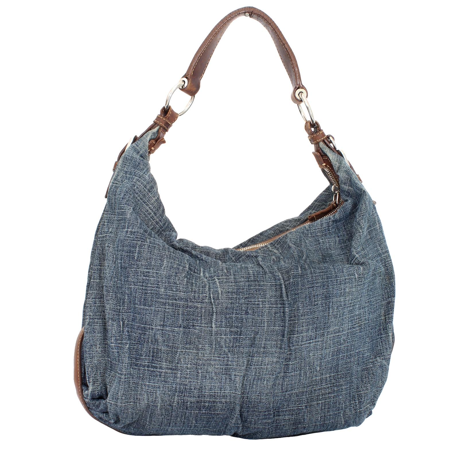 Prada 90s vintage denim hobo bag. Blue color, finished with brown leather details and silver-colored hardware. Zip closure, internally lined with logo and pocket. The logo on the front is embroidered in blue cord. Made in Italy. The general