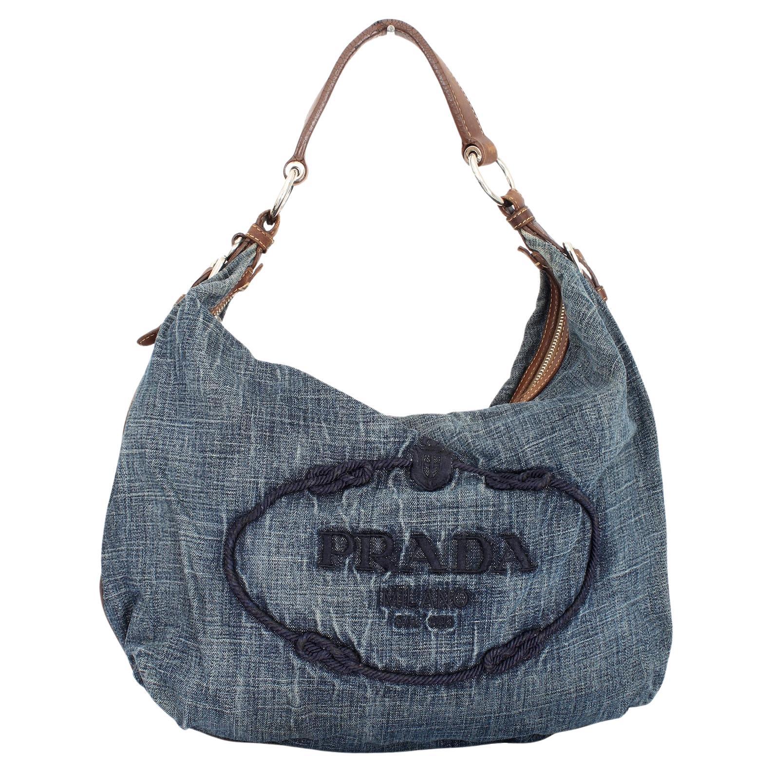 Prada Blue Brown Denim Leather Hobo Bag 1990s